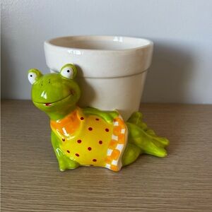 Ceramic Green Frog Planter with Yellow Polka-Dot Detail